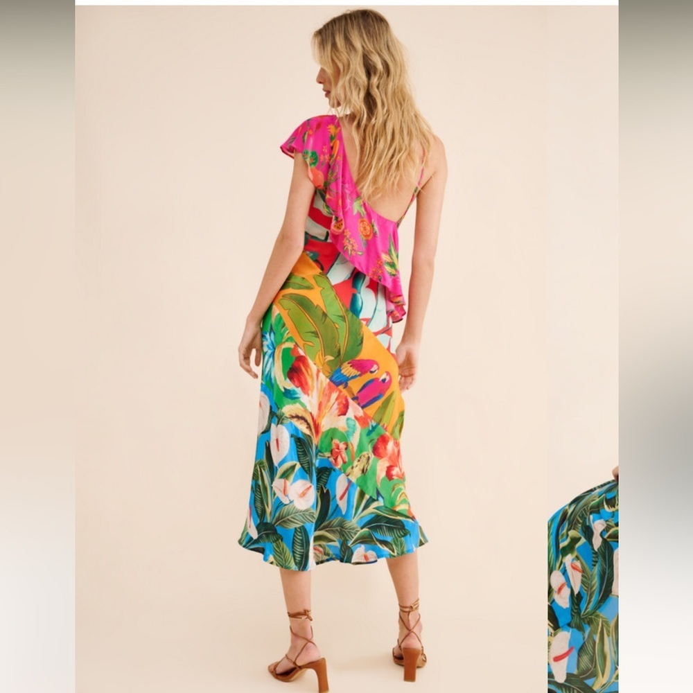 Farm Rio Mixed Flowery Ruffle One Shoulder Dress, size small - Picture 2 of 7